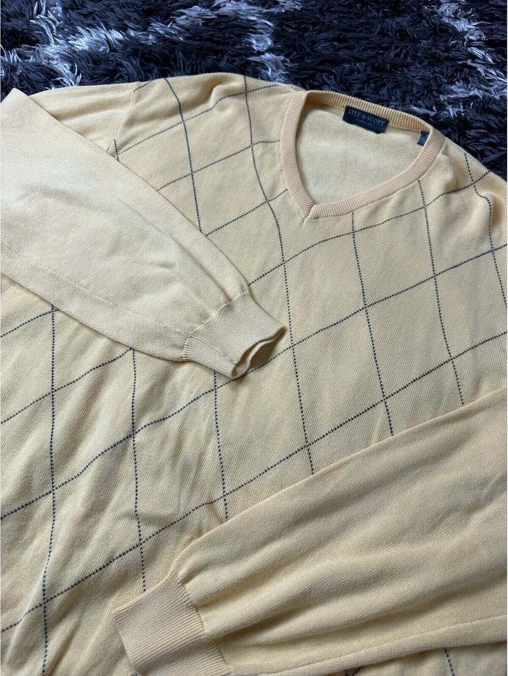 Lyle & Scott Scotland Mens XL Yellow Argyle V-Neck Sweater 100% Combed Cotton